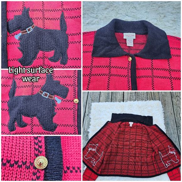Scottie Dog Cardigan Petite Med Crystal Kobe Red Black Plaid PM Knit VTG Sweater - Picture 5 of 10